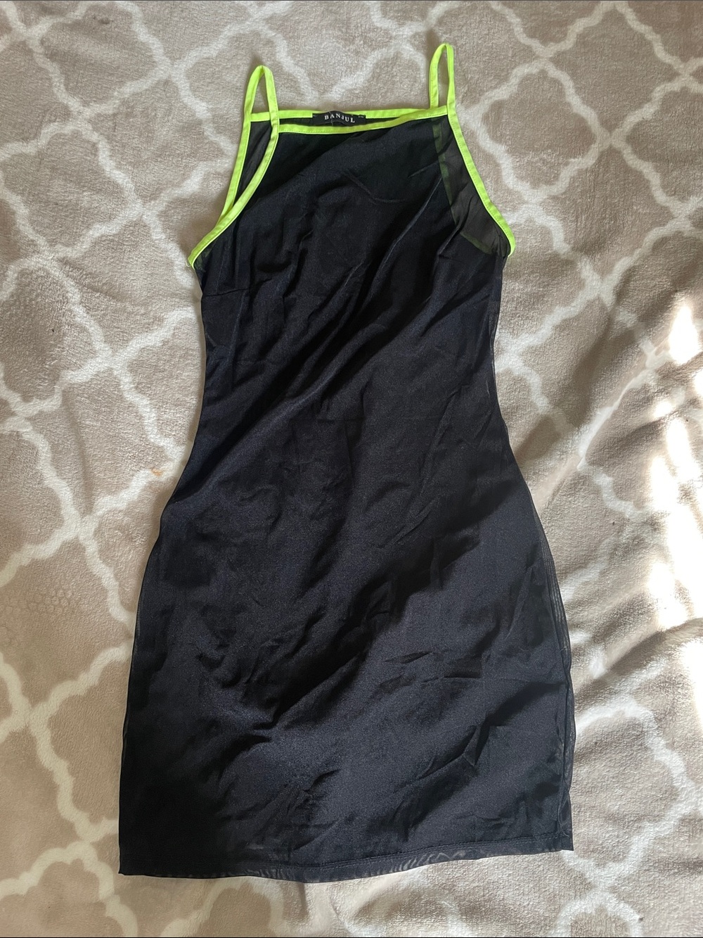 Banjul Black Mesh Dress with Neon Lime Trim